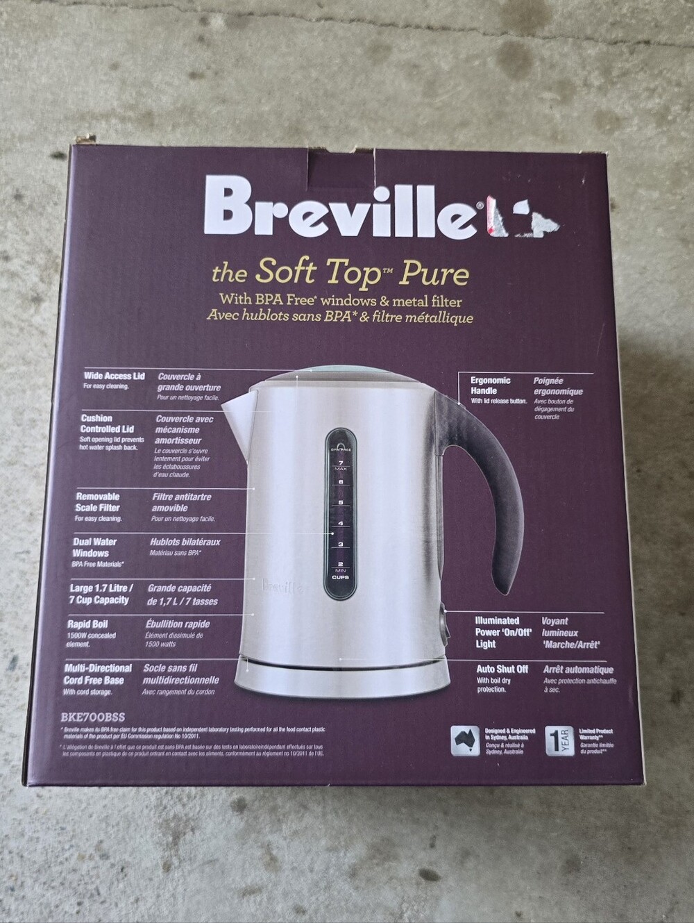 Breville BKE700BSS Soft Top Pure Hot Water Kettle 7 Cup Brushed Stainless Steel